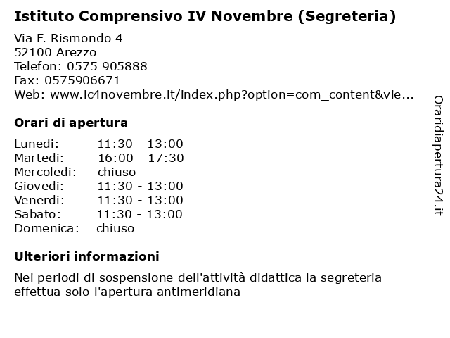 Orari di apertura Istituto Comprensivo IV Novembre Segreteria